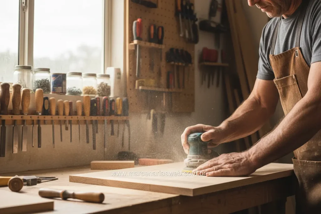 Marceneiro lixando superfície de madeira Pinus para acabamento