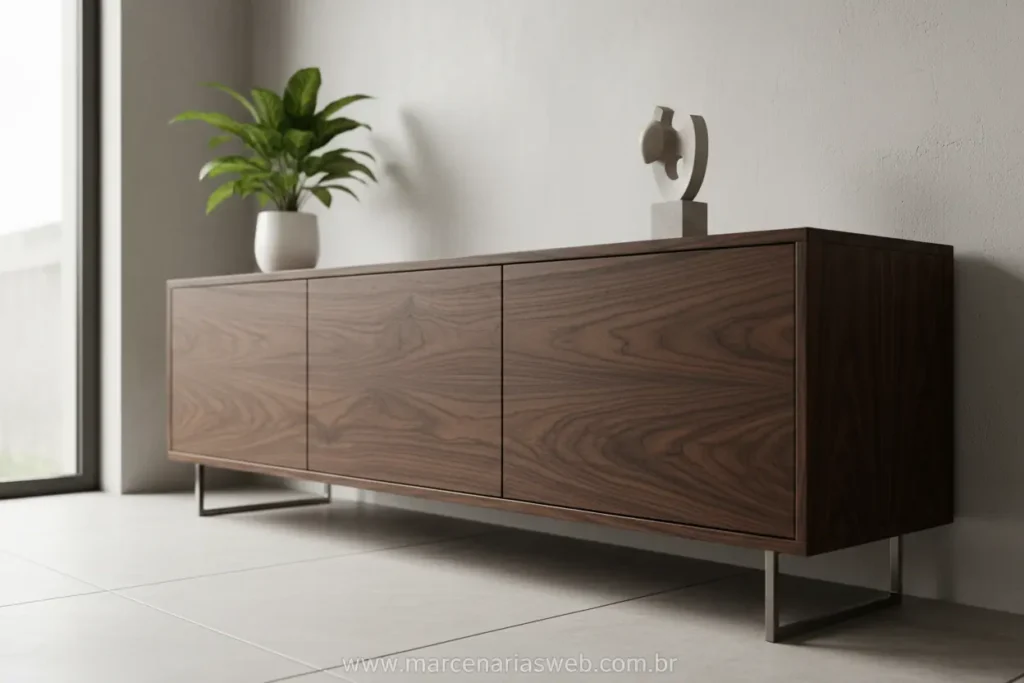 Móvel moderno feito com madeira exótica de tonalidade escura